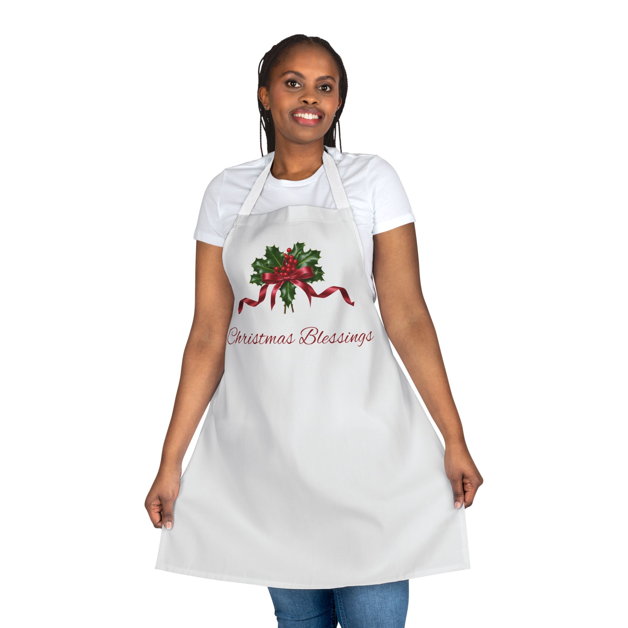 Christmas Blessings Holly with Red Ribbon Apron | Holiday Baking Kitchen Apron