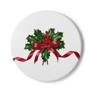 Holly with Red Ribbon Ceramic Coaster | Christmas coaster
