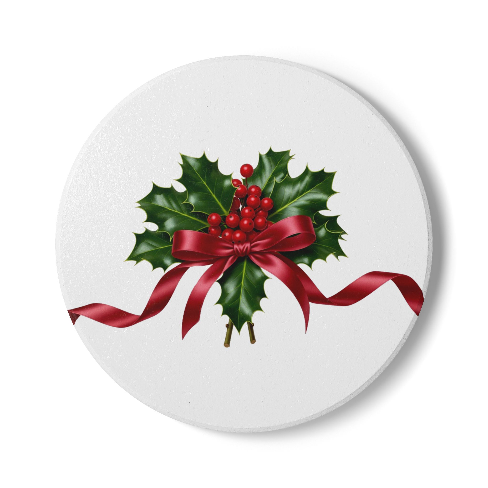 Holly with Red Ribbon Ceramic Coaster | Christmas coaster