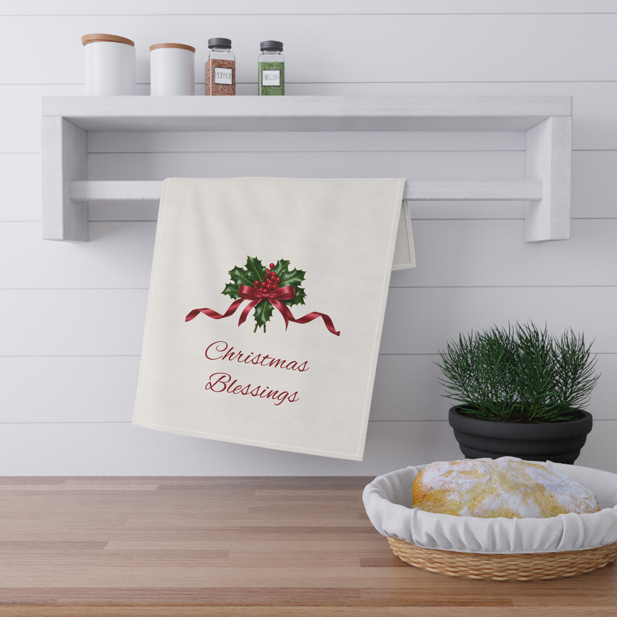 Christmas Blessings Holly with Red Ribbon Tea Towel | Holiday Kitchen Linen