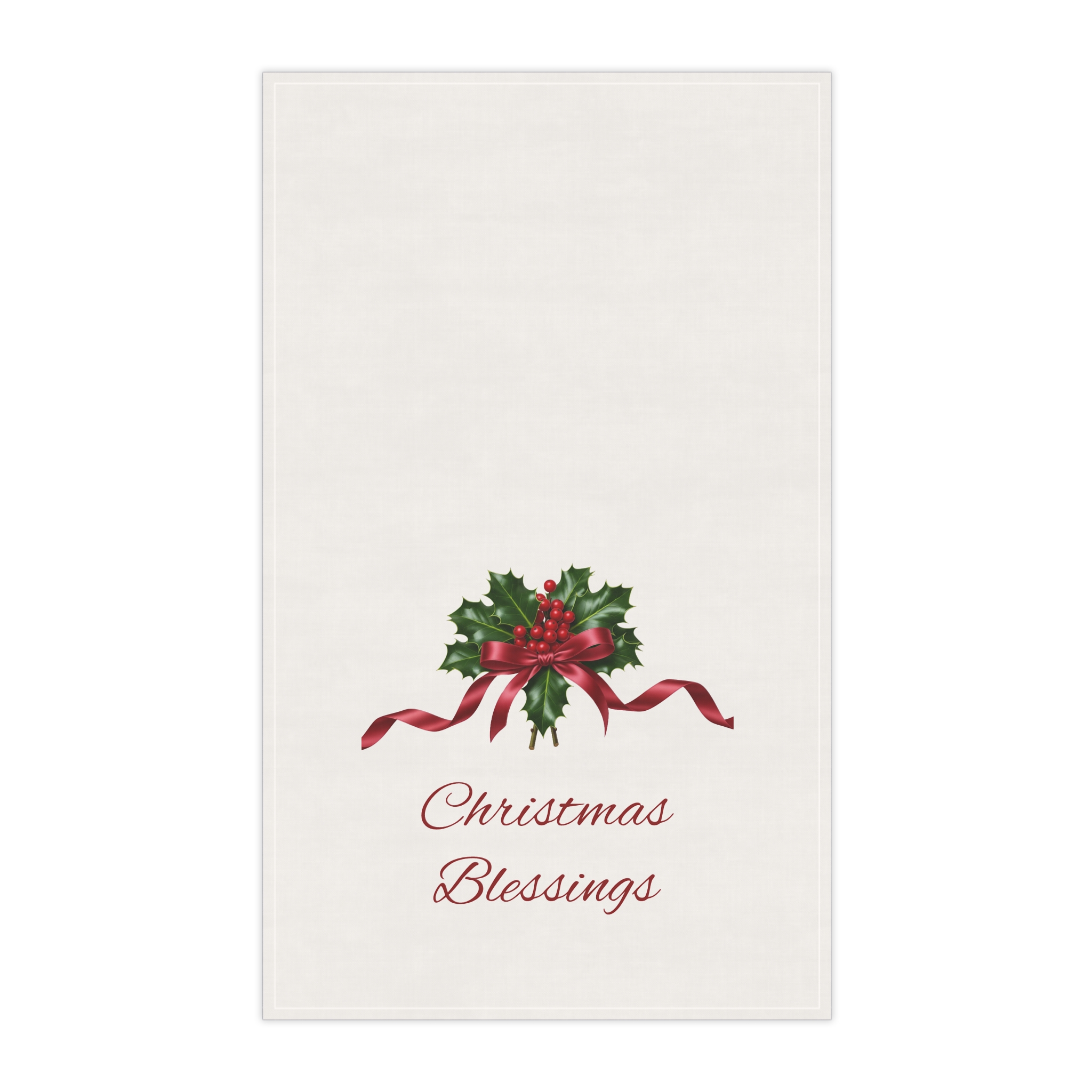Christmas Blessings Holly with Red Ribbon Tea Towel | Holiday Kitchen Linen - Image 2