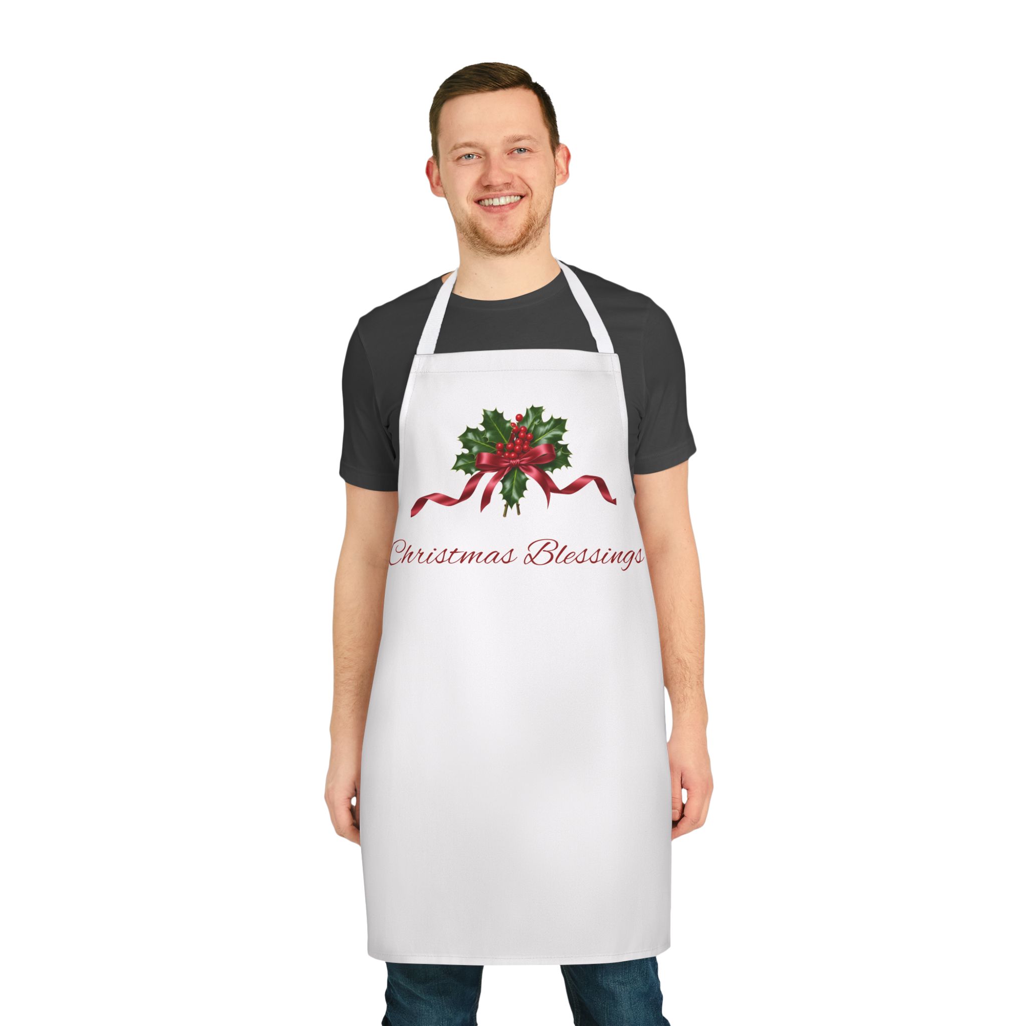 Christmas Blessings Holly with Red Ribbon Apron | Holiday Baking Kitchen Apron - Image 3