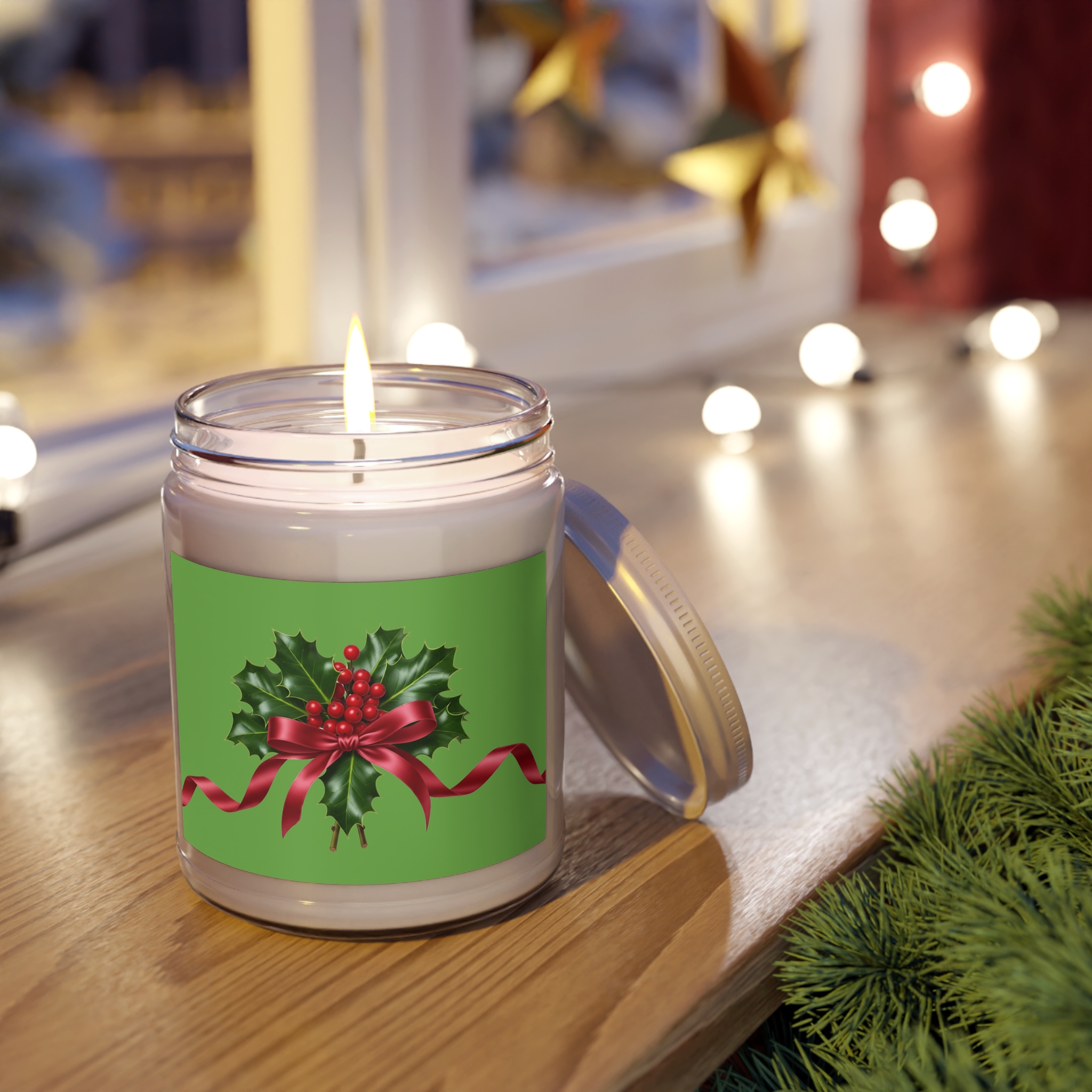 Holly Sprig with Red Bow Candle | 9oz Soy Jar - Image 5
