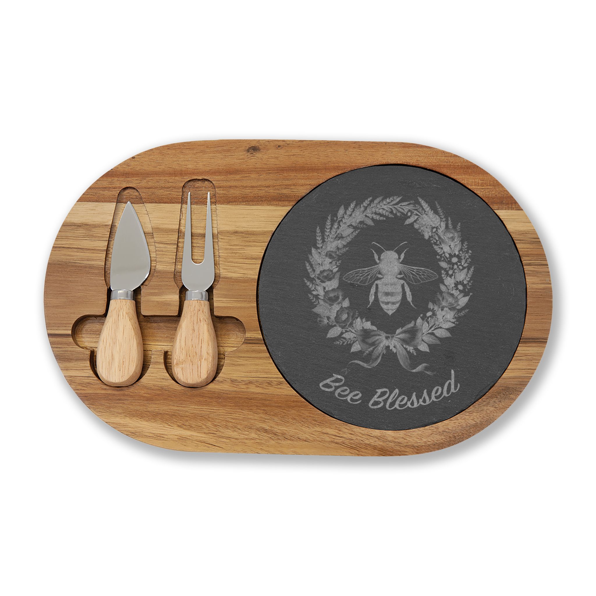 Engraved Bee Blessed Charcuterie Board with Slate Insert & Cheese Tools