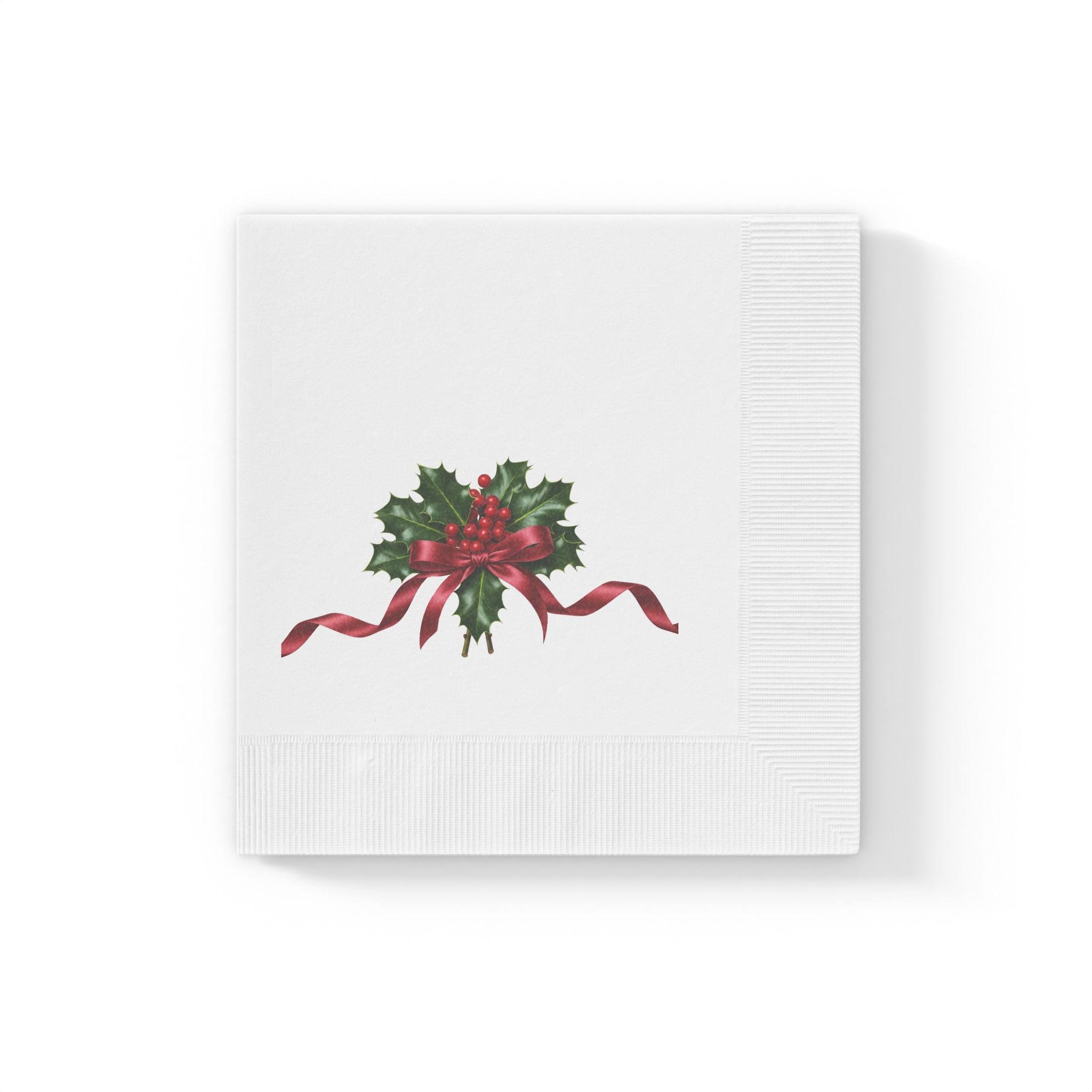 Holly Berries with Red Ribbon Napkins | Christmas Holiday Napkins