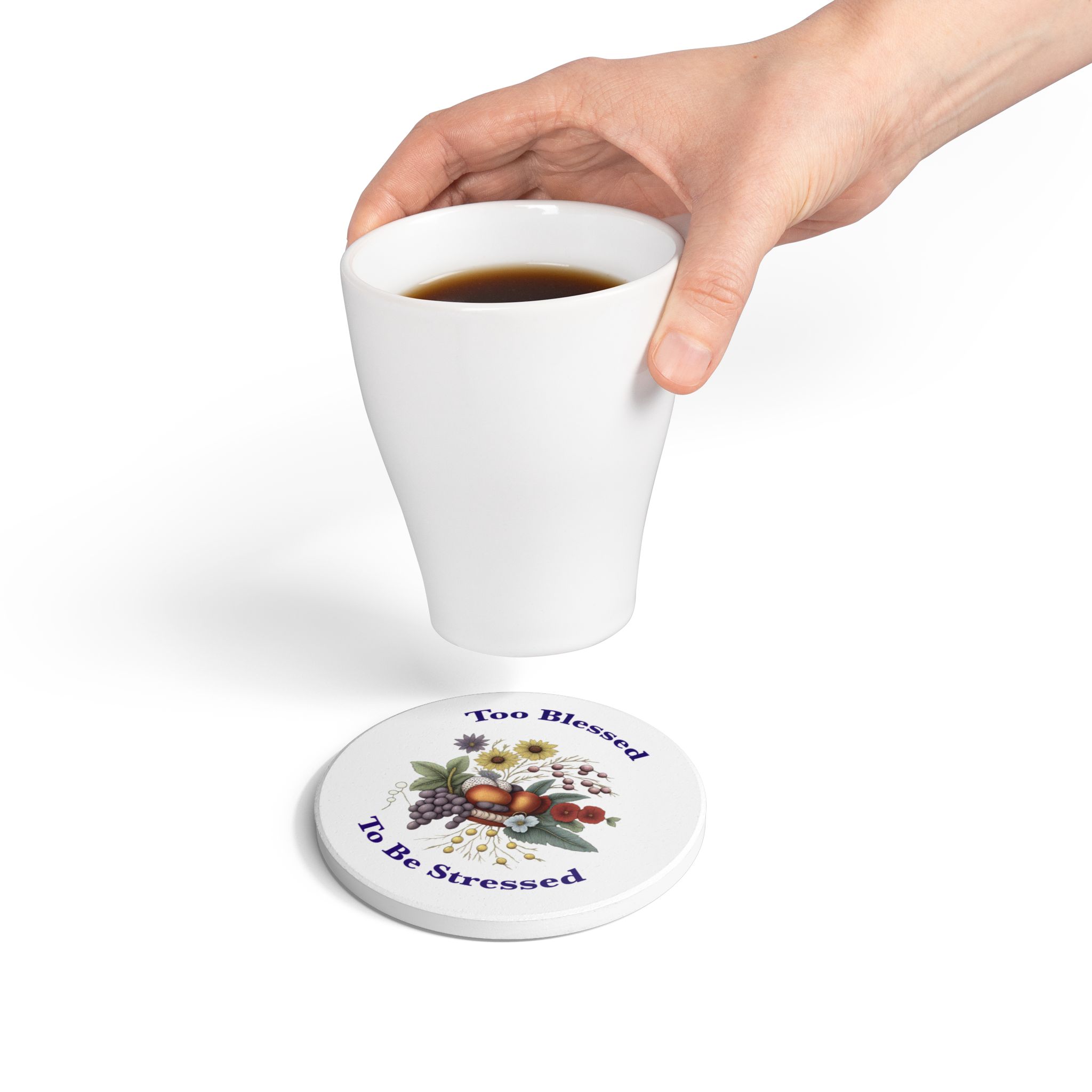 Too Blessed To Be Stressed Ceramic Coaster | Beautiful Illustration - Image 4