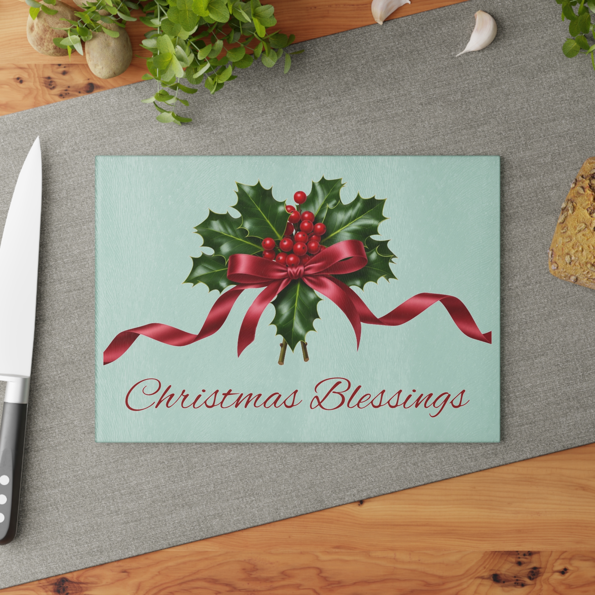 Holly with Red Ribbon Glass Cutting Board | Christmas Blessings