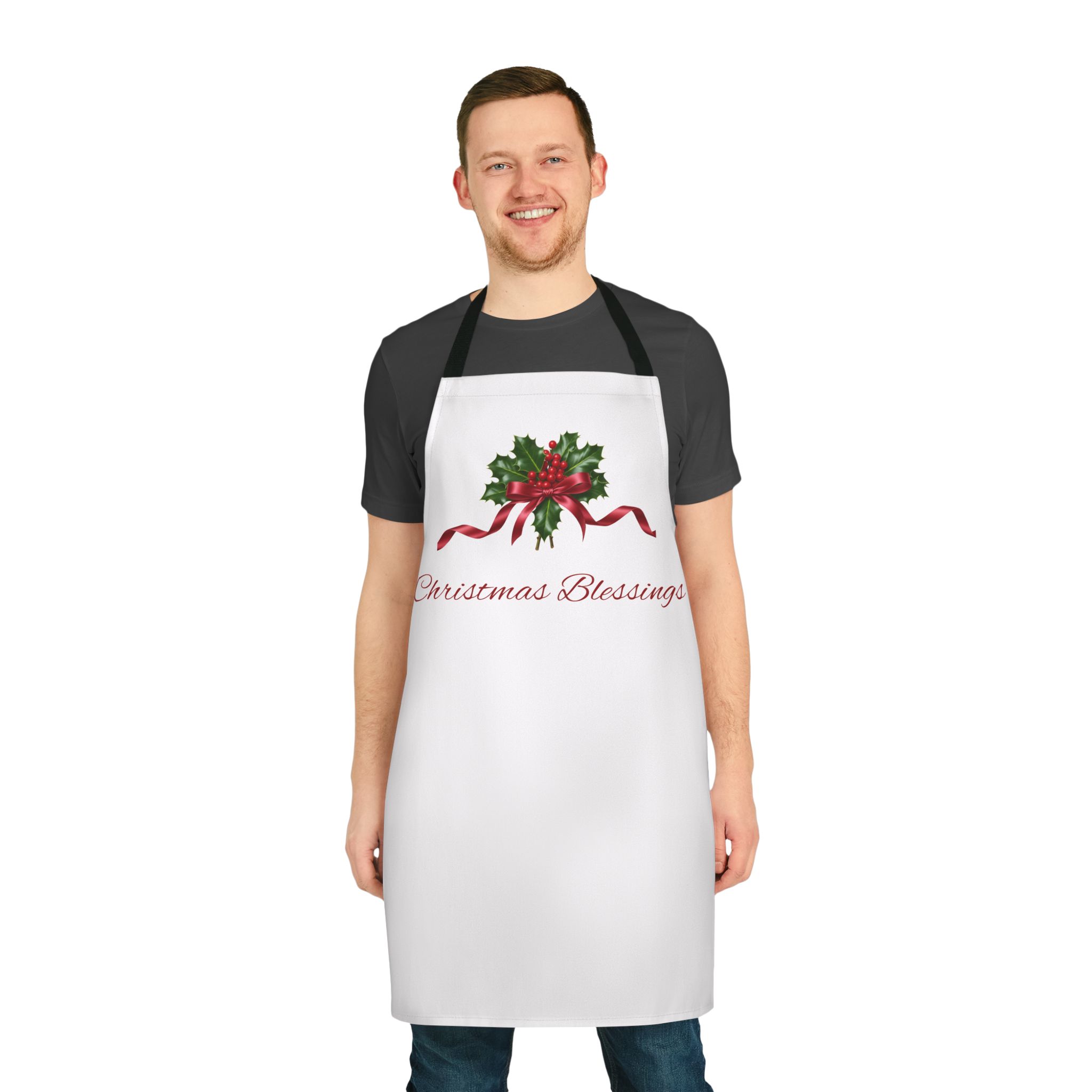 Christmas Blessings Holly with Red Ribbon Apron | Holiday Baking Kitchen Apron - Image 6