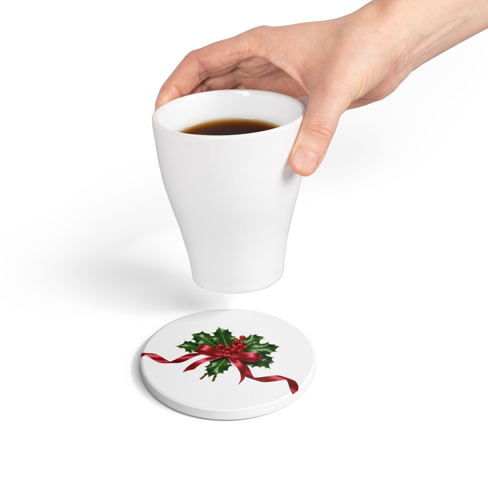 Holly with Red Ribbon Ceramic Coaster | Christmas coaster - Image 4