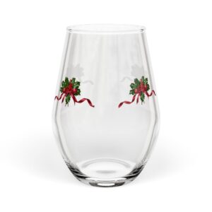Christmas Holly Ribbon Stemless Wine Glass