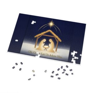 Nativity Jigsaw Puzzle with Tin — "Oh, Come Let Us Adore Him" 500 or 1000 piece Christmas Puzzle Gift