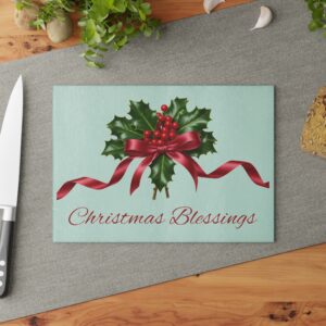 Holly with Red Ribbon Glass Cutting Board | Christmas Blessings